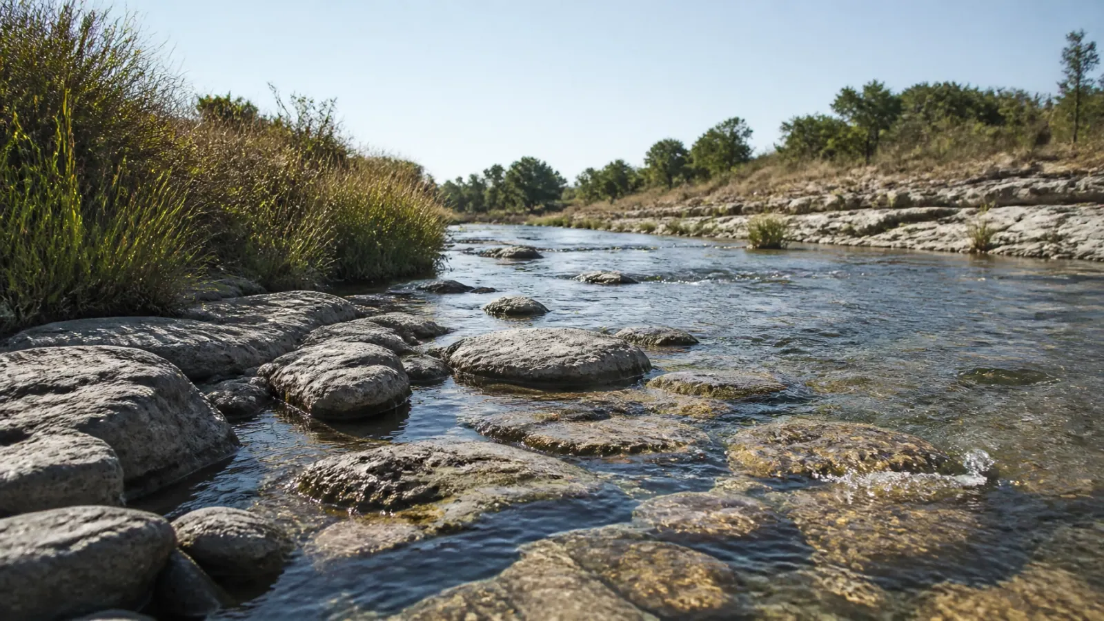Clear water moving around exposed limestone on a Texas river
