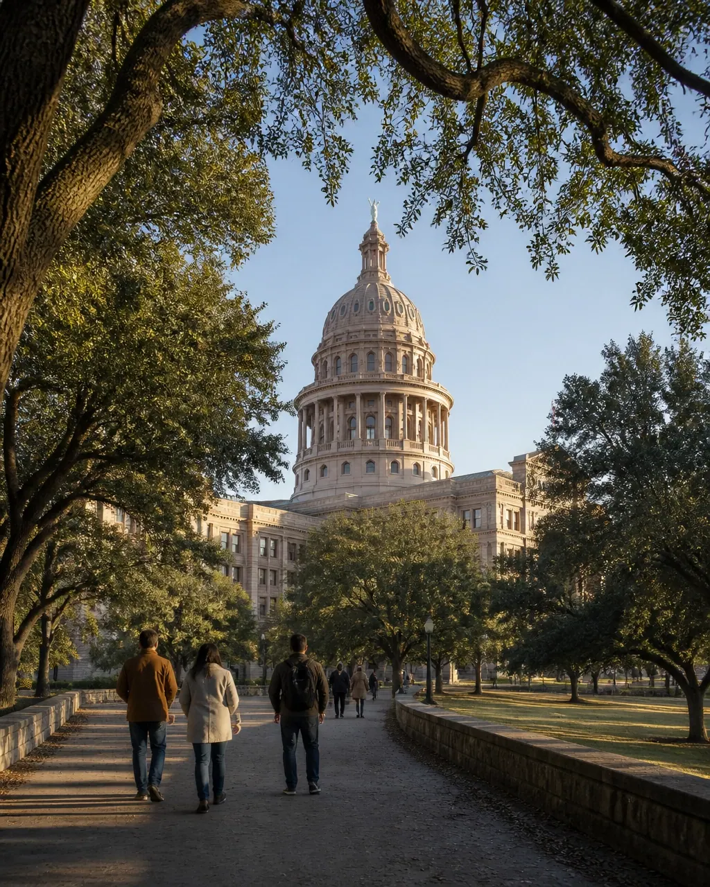 People walking toward the Texas State Capitol through a shaded civic path