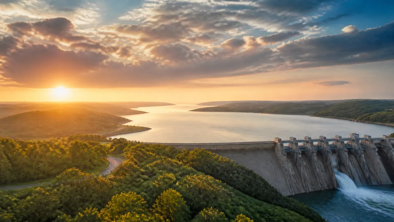 Sunlit Texas watershed landscape with water in the foreground
